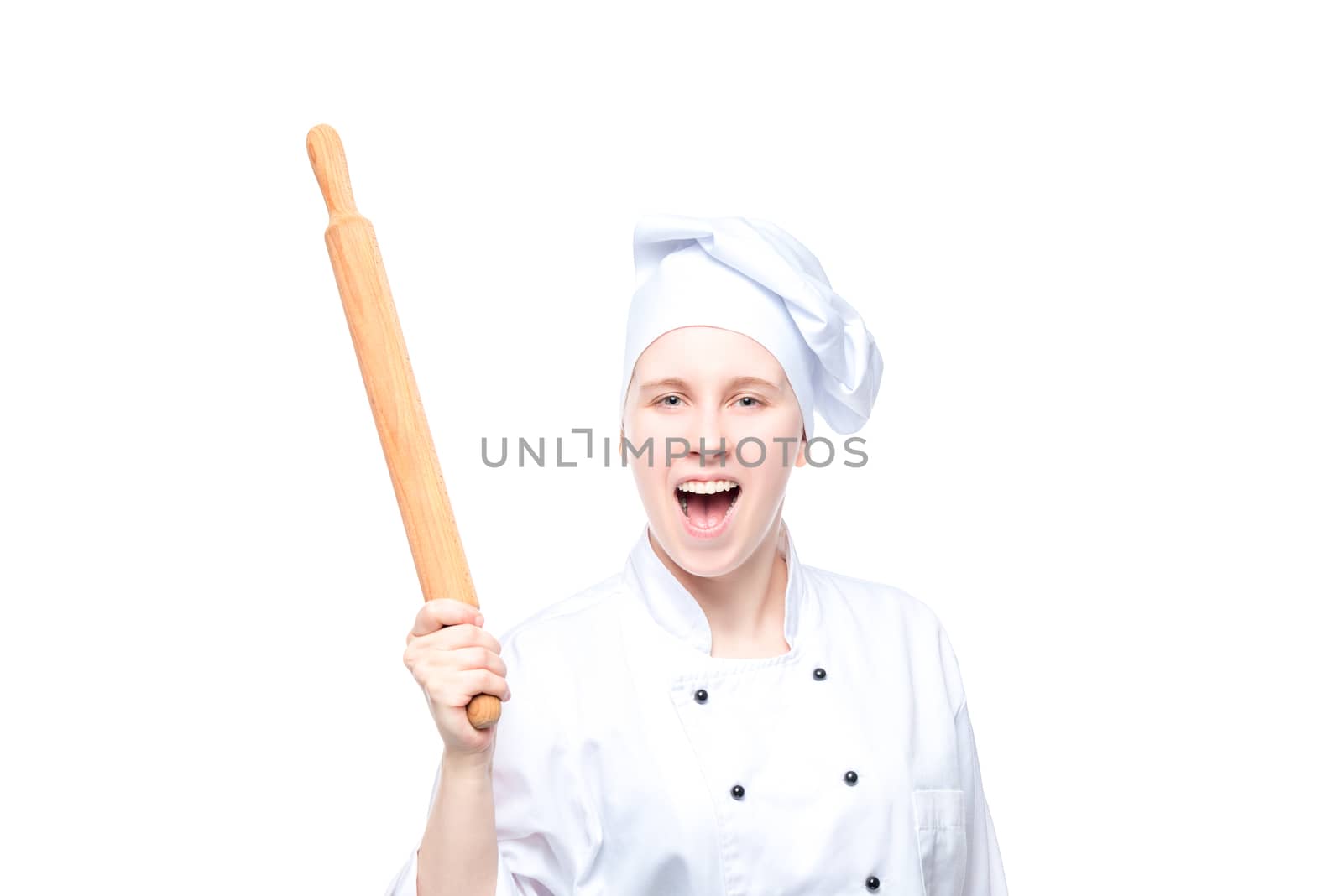 mad chef with rolling pin posing on white background, portrait i by kosmsos111