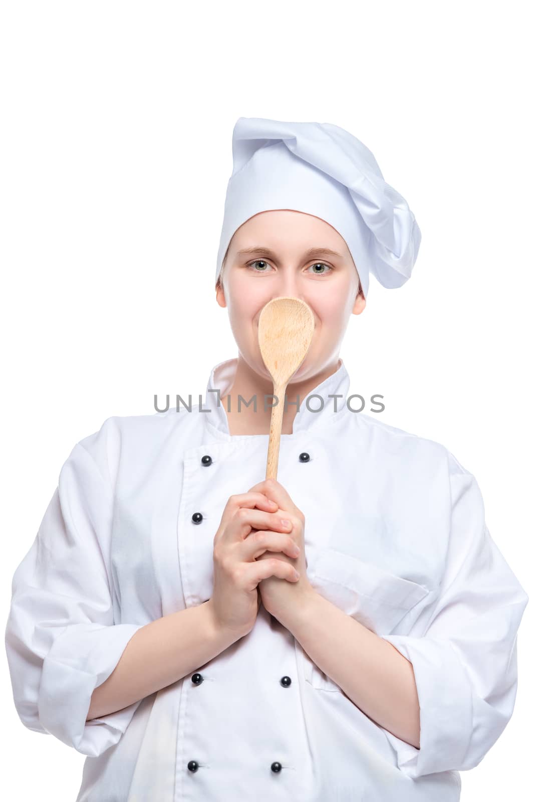 cheerful cook with a wooden spoon posing on a white background by kosmsos111
