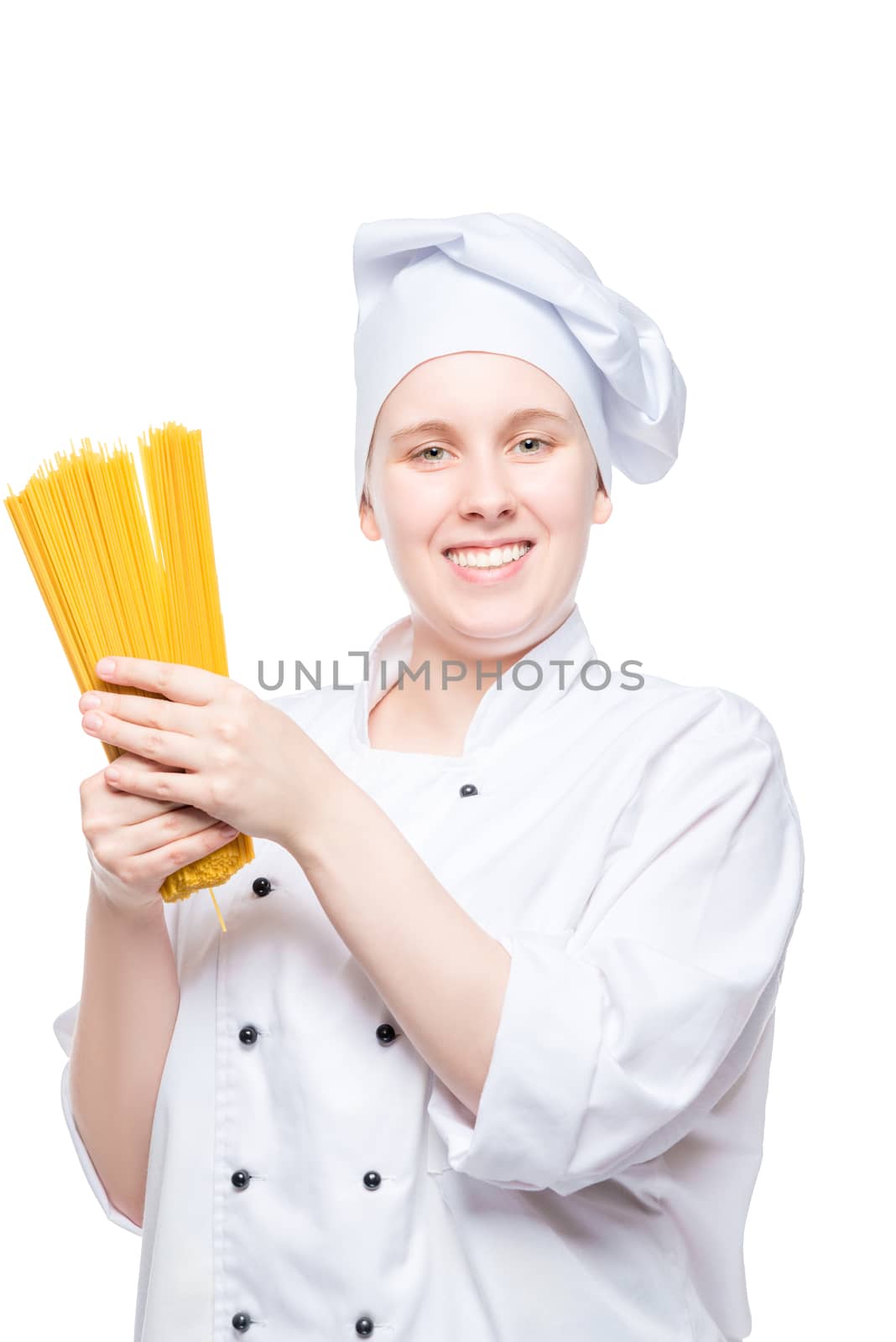 vertical portrait of a cook with spaghetti on a white background in the studio isolated