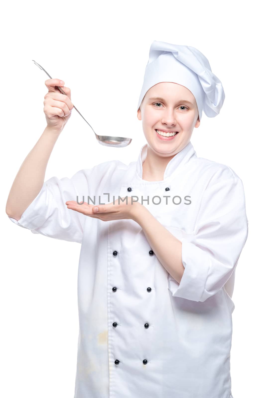 vertical portrait of a cook with a ladle on a white background in the studio isolated