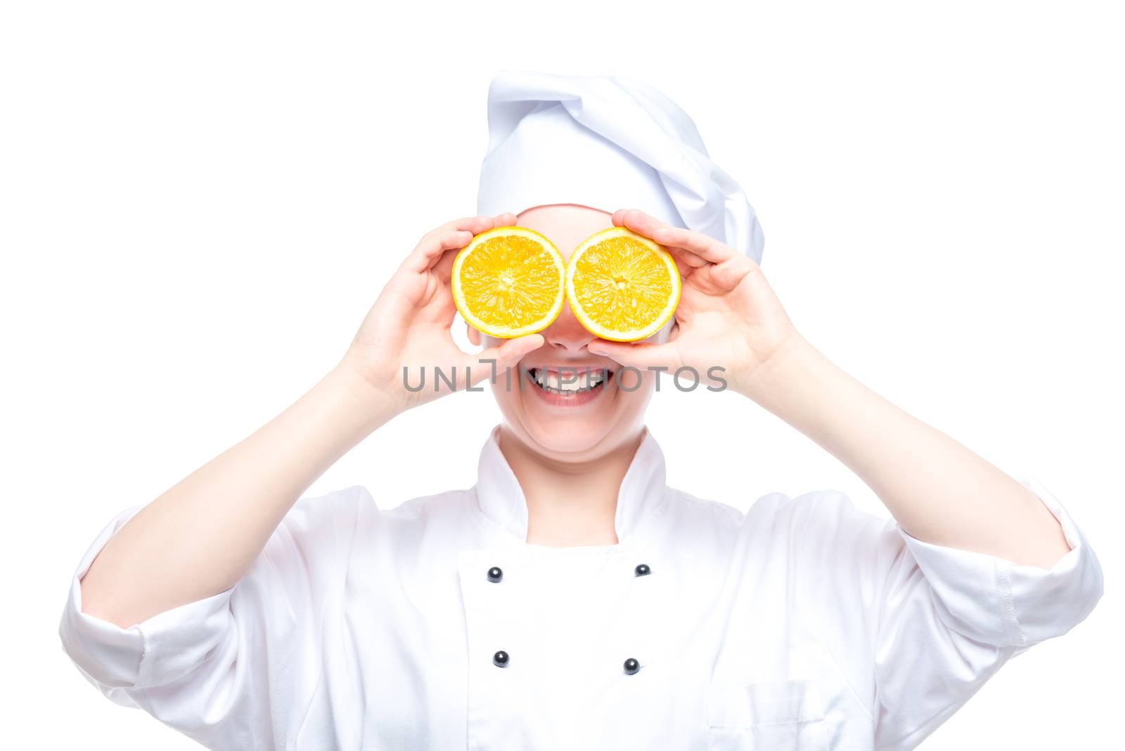 cheerful portrait of a chef with oranges on white background iso by kosmsos111