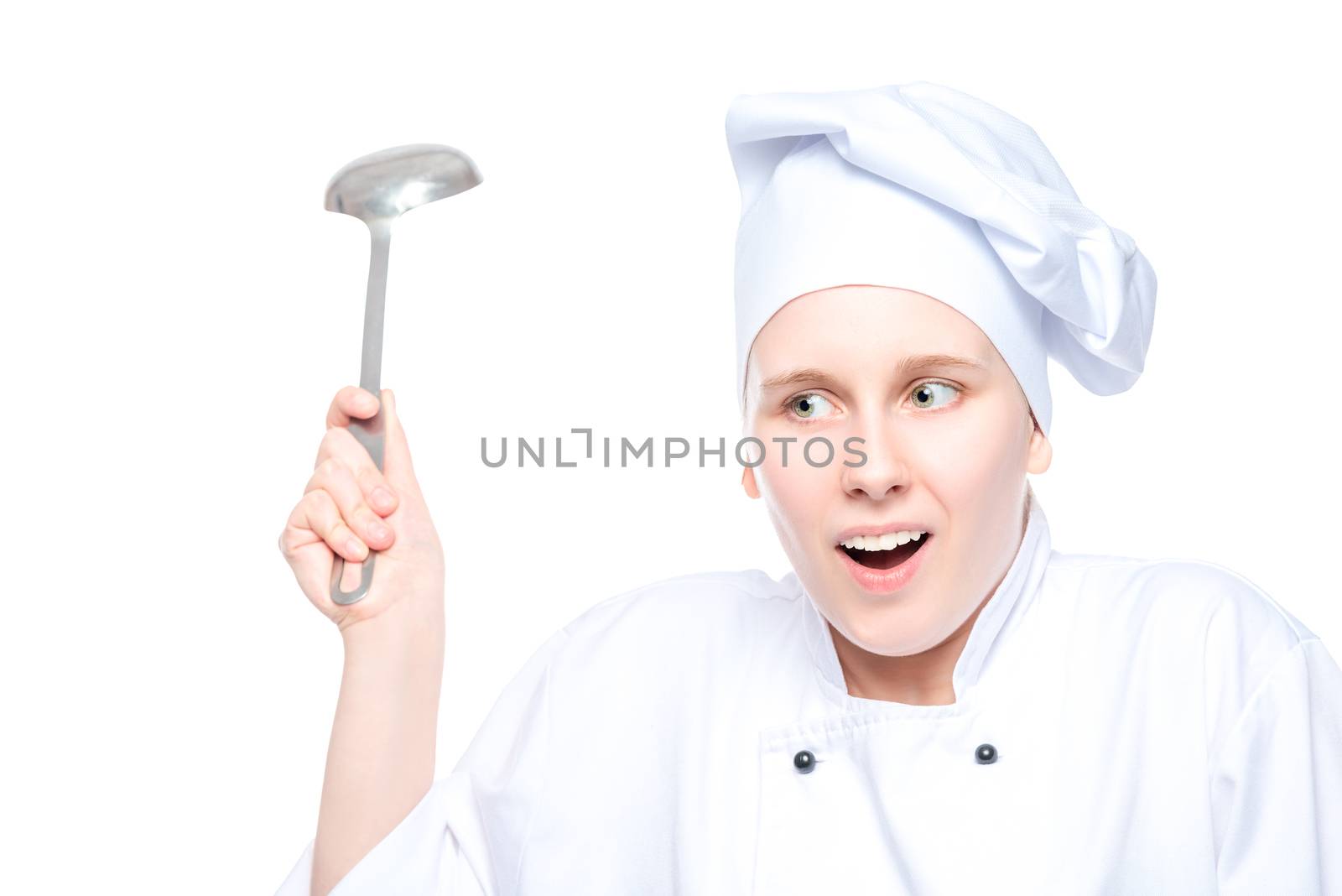 portrait of an emotional chef in cap with a ladle on white backg by kosmsos111