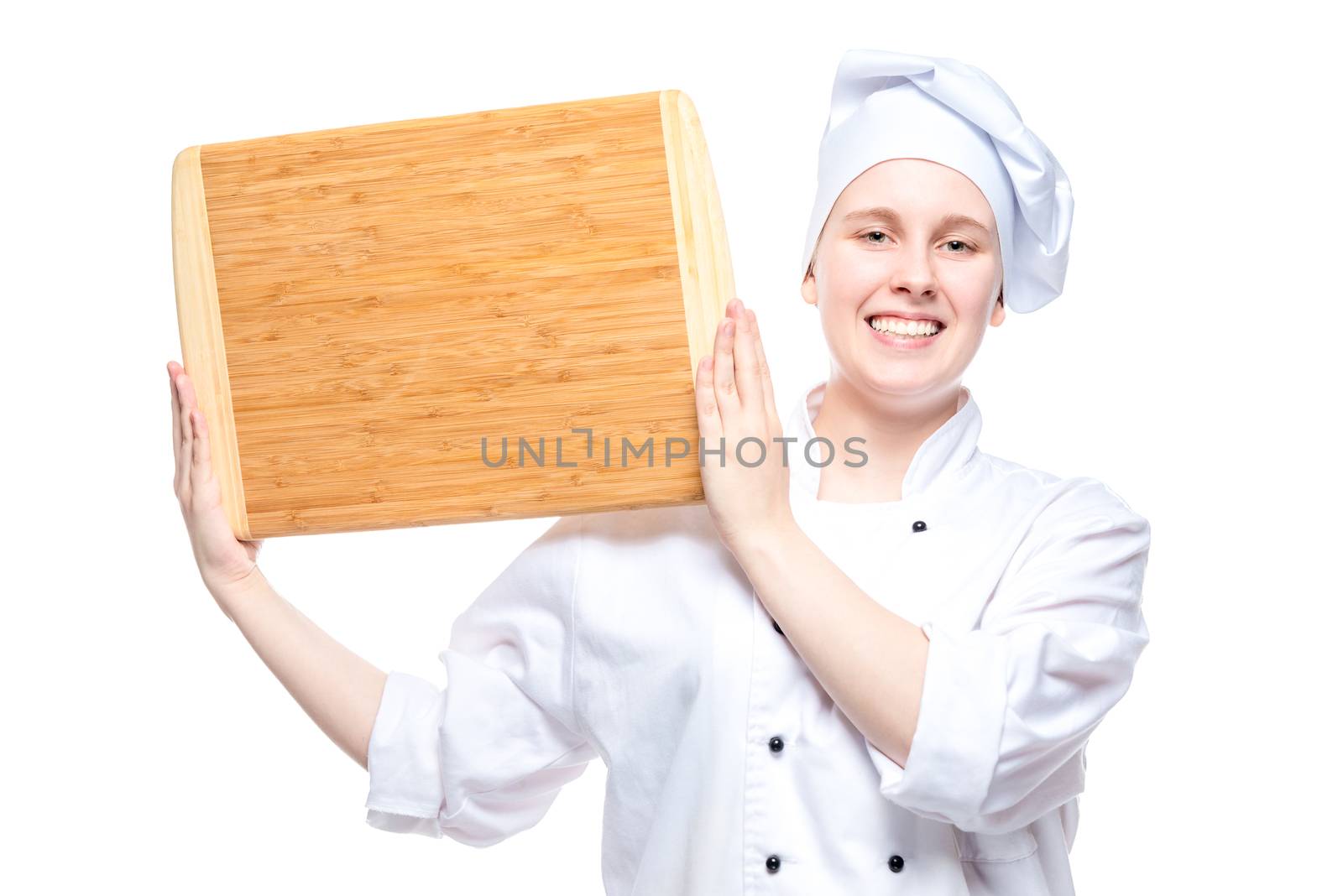 chef cook with wooden cutting board posing on a white background, portrait isolated