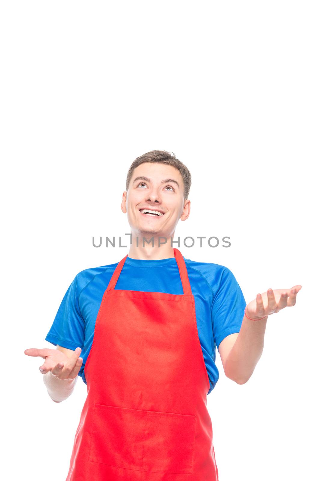 portrait of a man in an apron who juggles space for objects on top