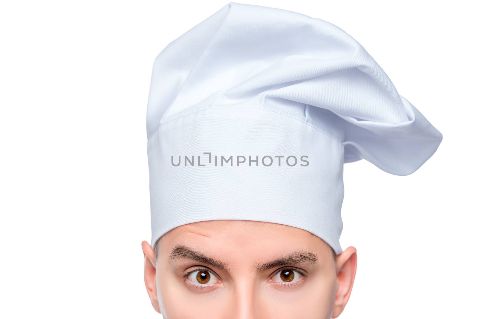 look cook in a cap, eyes close up, portrait isolated on white ba by kosmsos111