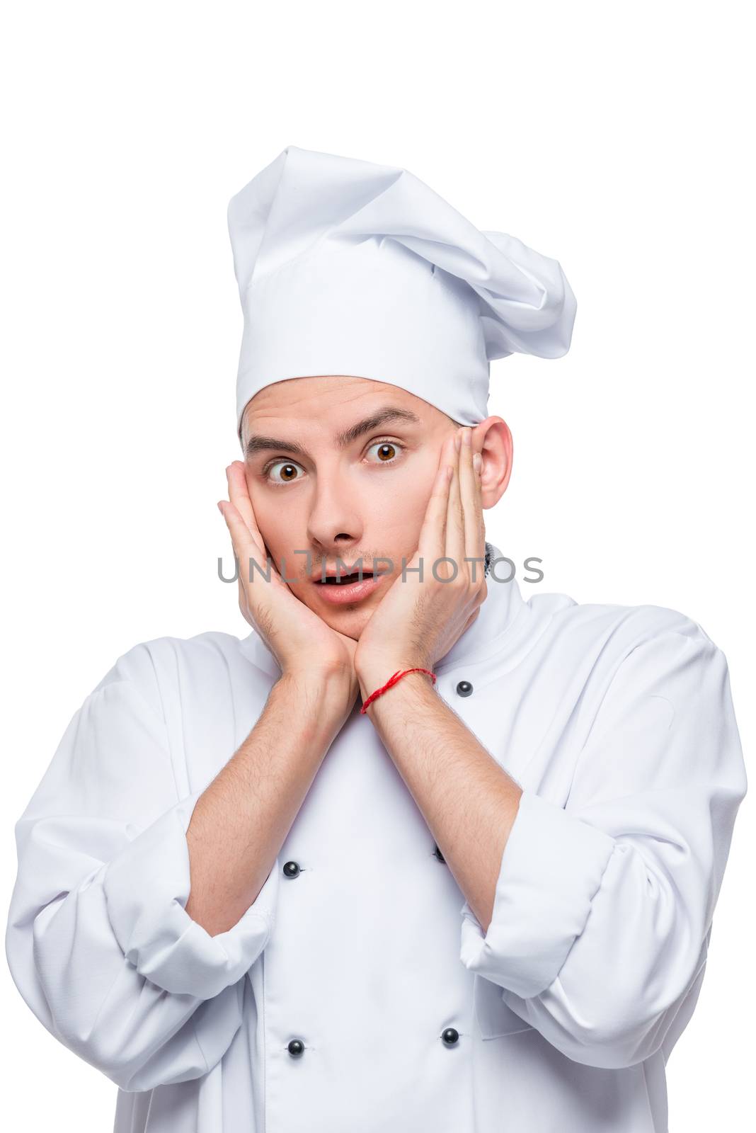 surprised and shocked chef, emotional male portrait on white background