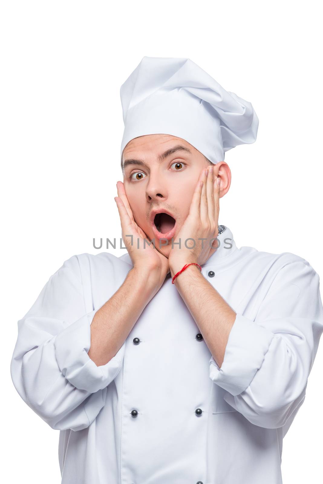 shocked chef, emotional male portrait on white background
