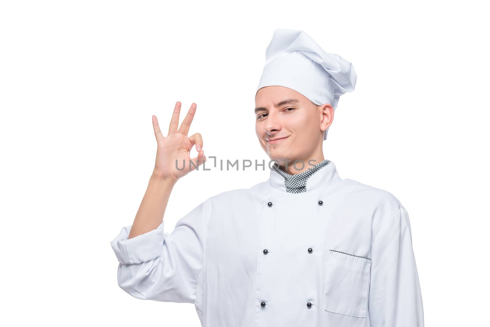 successful chef with hand gesture, portrait on white background isolated