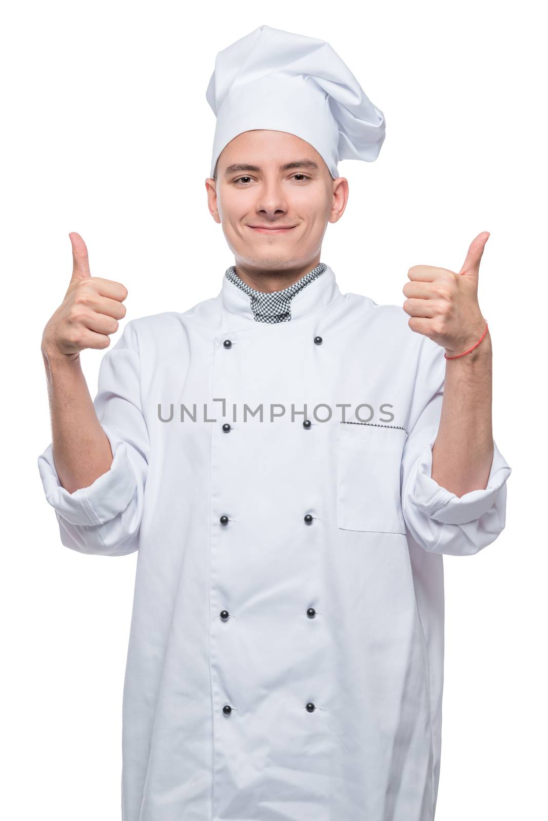 chef with raised fingers, portrait on white background isolated by kosmsos111