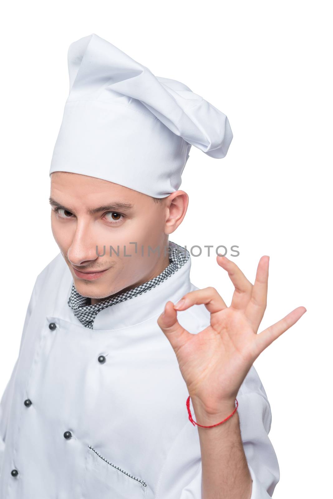 cook hand gesture on white background, vertical isolated portrait