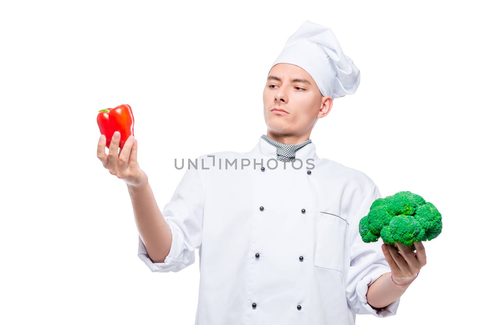 What to choose - pepper or broccoli - concept portrait of a cook by kosmsos111