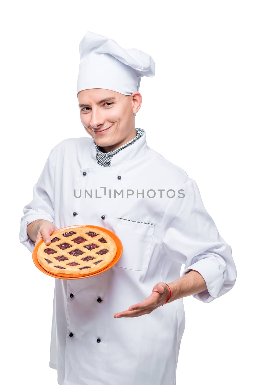 vertical portrait of a cook with homemade pie, portrait isolated on a white background