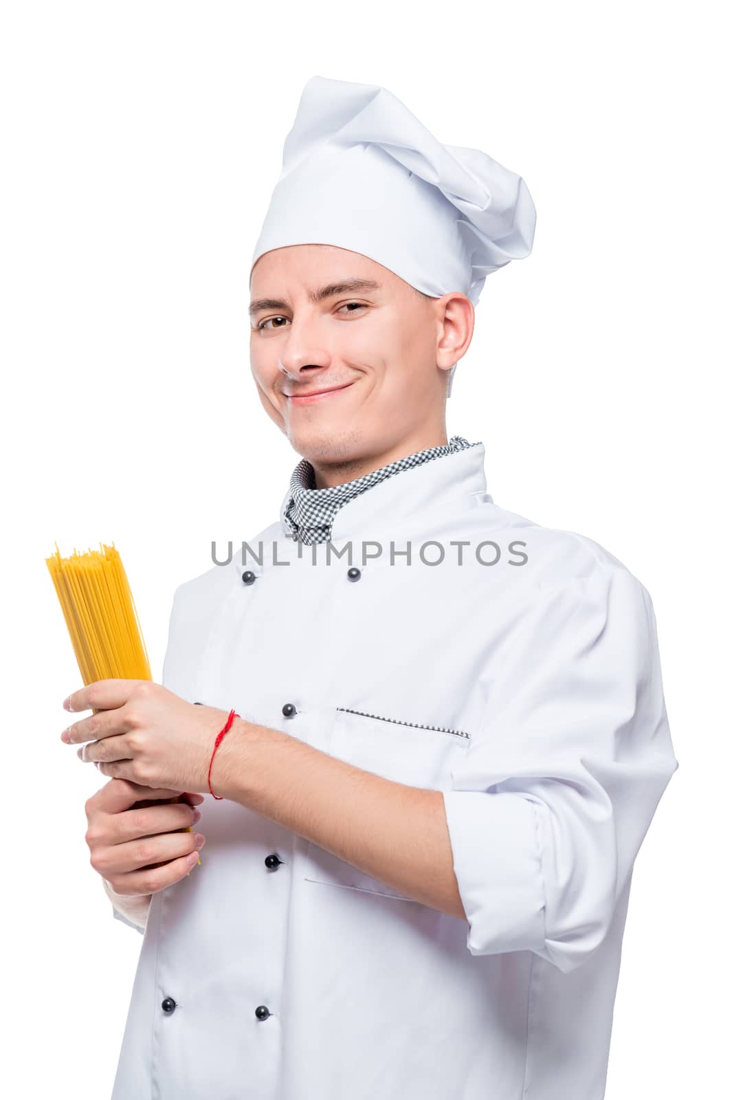 portrait of a cook with spaghetti, portrait isolated on white background