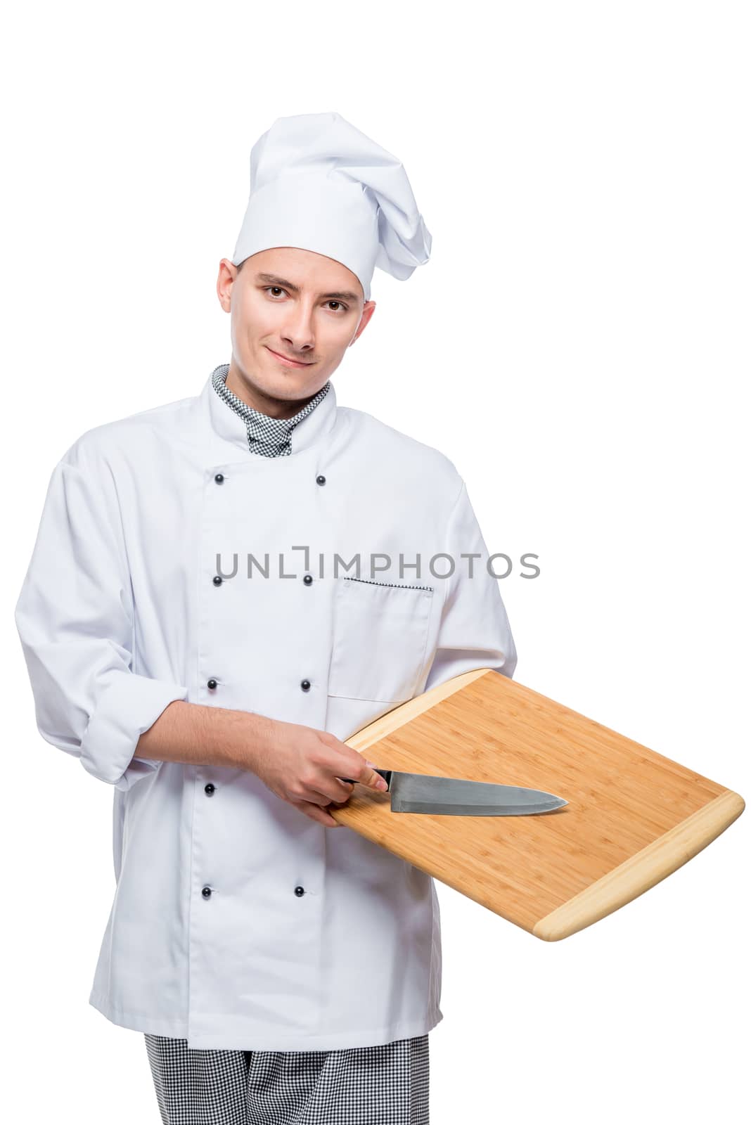 Cook in suit posing with a knife and cutting board on a white ba by kosmsos111