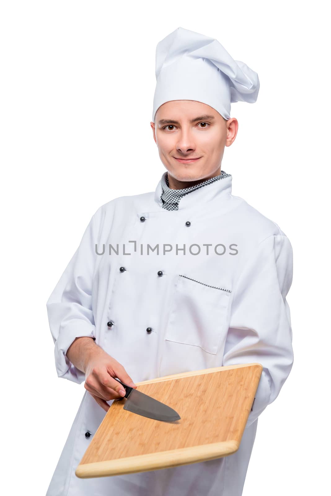 professional cook with cutting board and knife, portrait on white background isolated