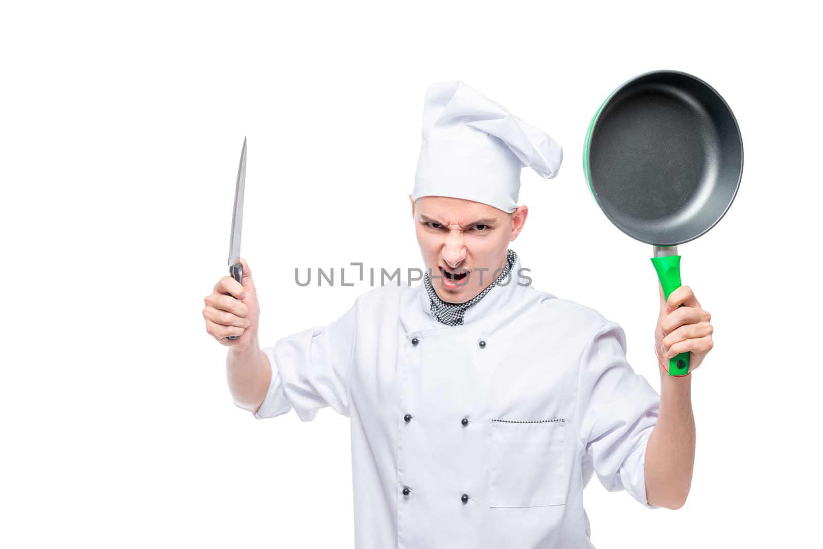 angry mad cook with knife and griddle on white background