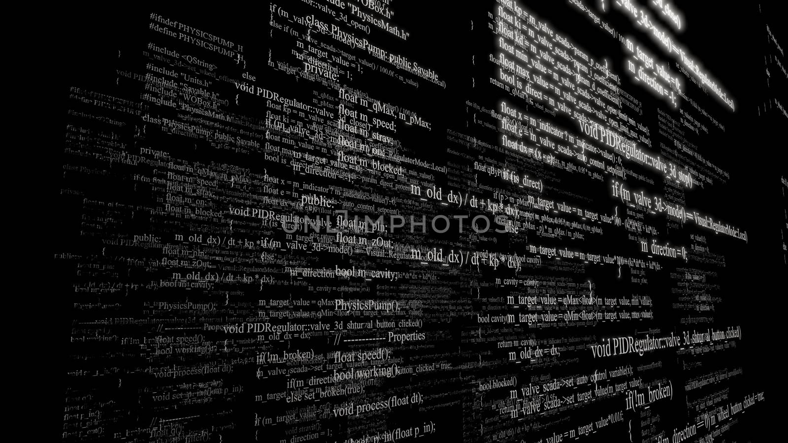 Software source code. Layers of program code on black background. 3d illustration. Technology background