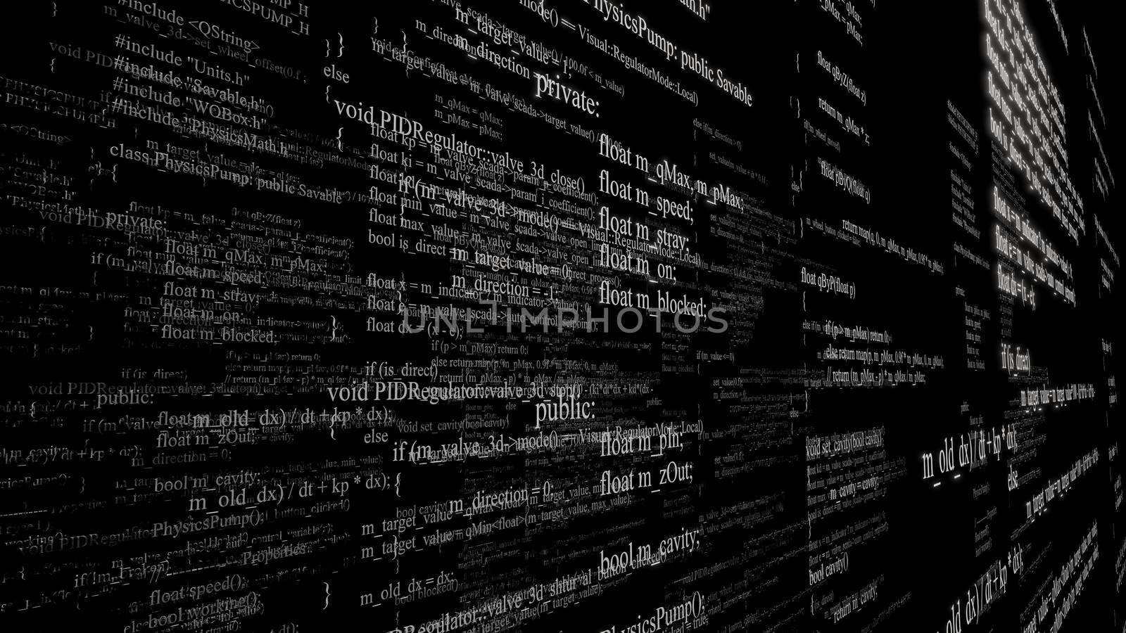 Software source code. Layers of program code on black background. 3d illustration. Technology background