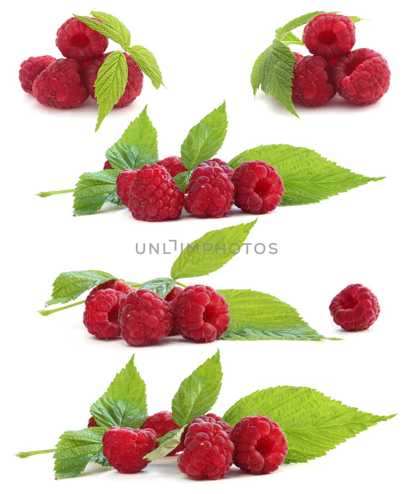 Set of piles of raspberry berries with leaves isolated on white background