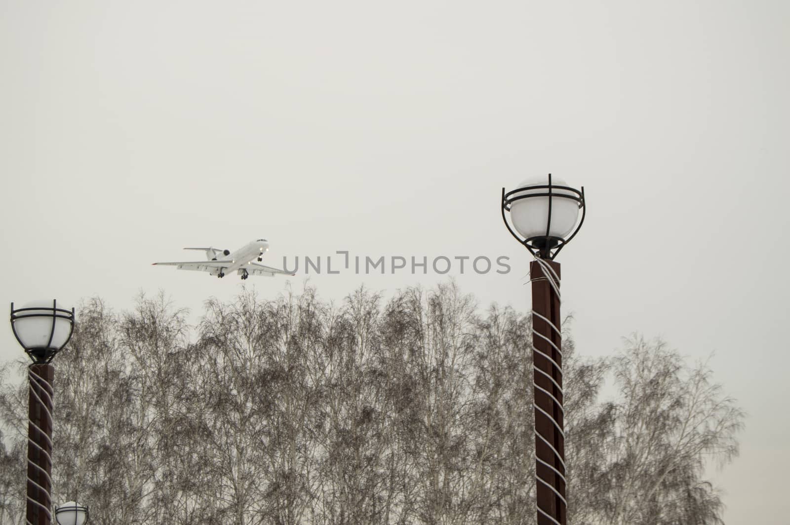 The plane flies low over the city Park and trees, cloudy winter sky. Copy space business travel adventure concept.