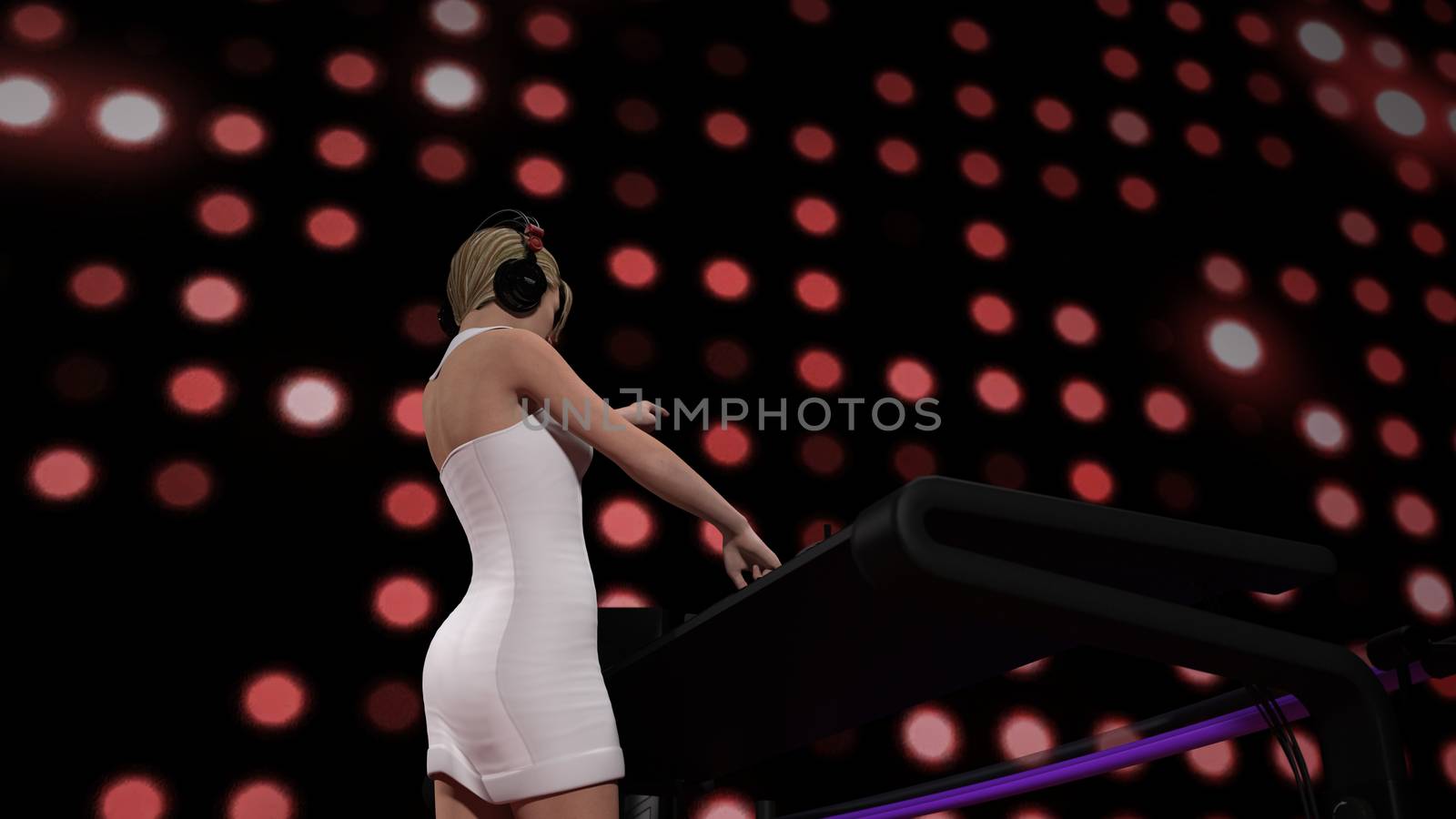 Young blonde woman dj playing music. DJ mixer on table. - 3D rendering
