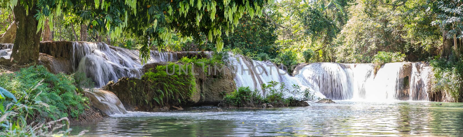 Panorama Waterfall in a forest on the mountain in tropical forest at Waterfall Chet Sao Noi in National park Saraburi province, Thailand