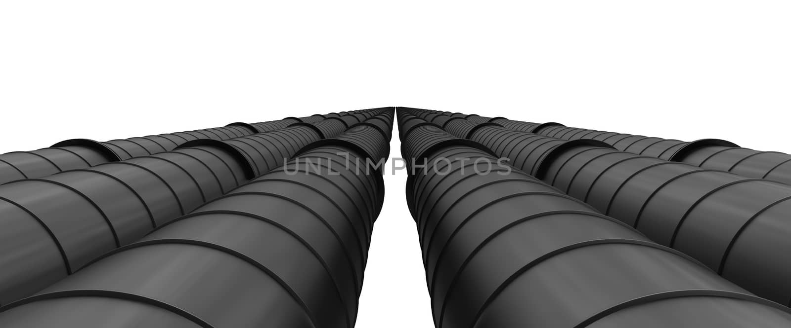 Row of black industrial pipelines isolated on white background by cherezoff