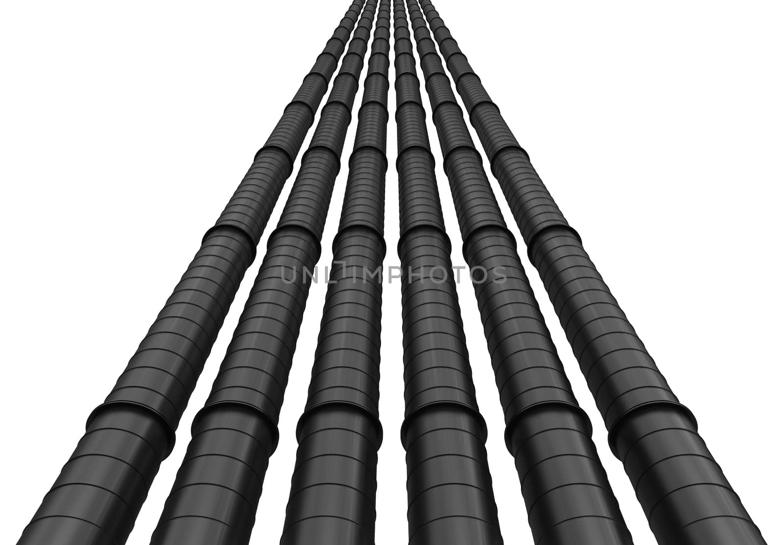 Row of black industrial pipelines isolated on white background. 3d illustration