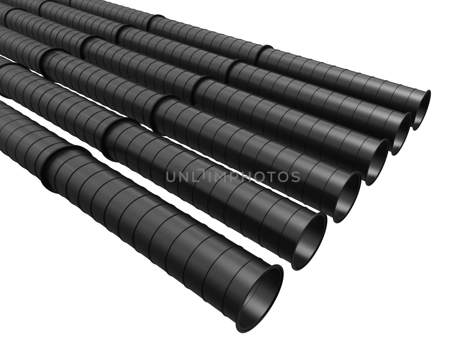 Row of black industrial pipelines isolated on white background by cherezoff