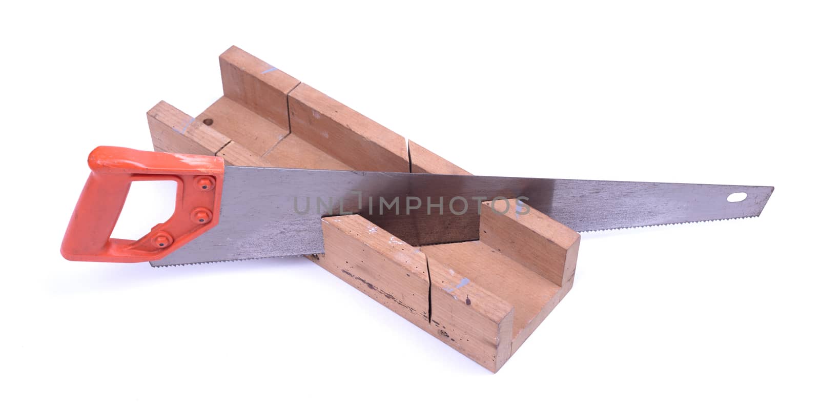 Miter box with a saw, isolated on a white background