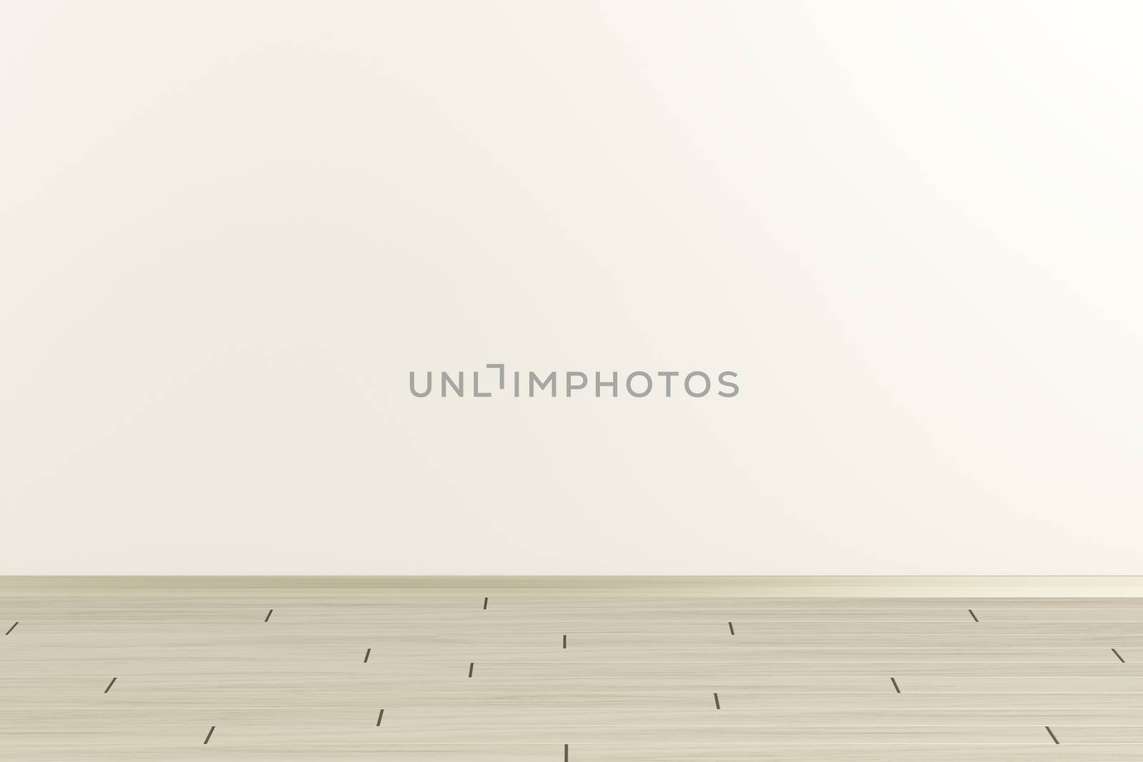 Empty room with beige wall and parquet, front view 