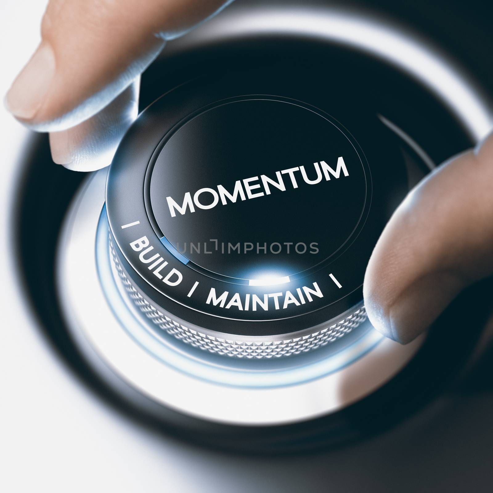 Man turning a switch button with two choices, build and maintain sales momentum. Concept image. Composite image between a hand photography and a 3D background.