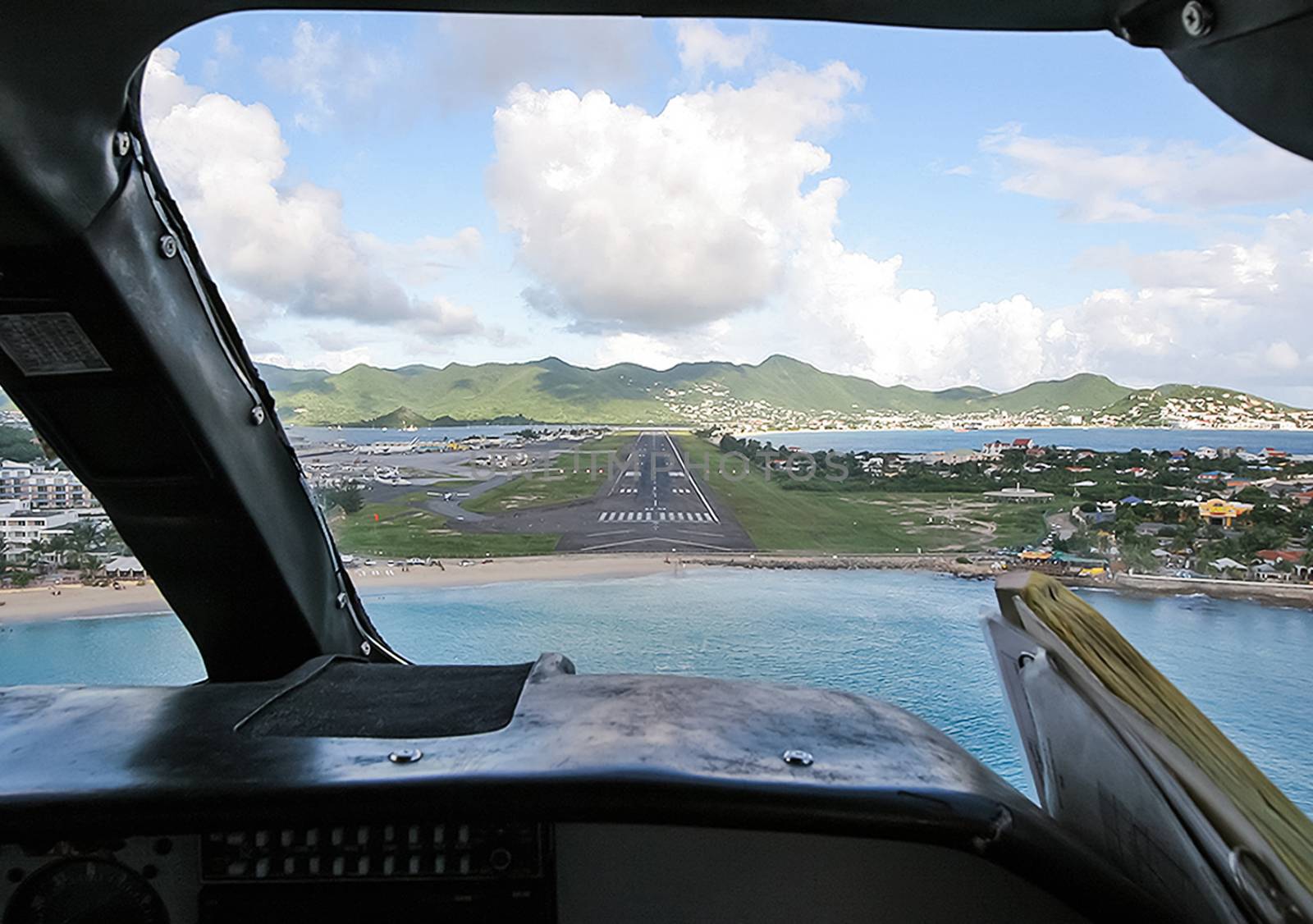 Cockpit of a passenger plane. View from the cockpit during the flight of a passenger aircraft.