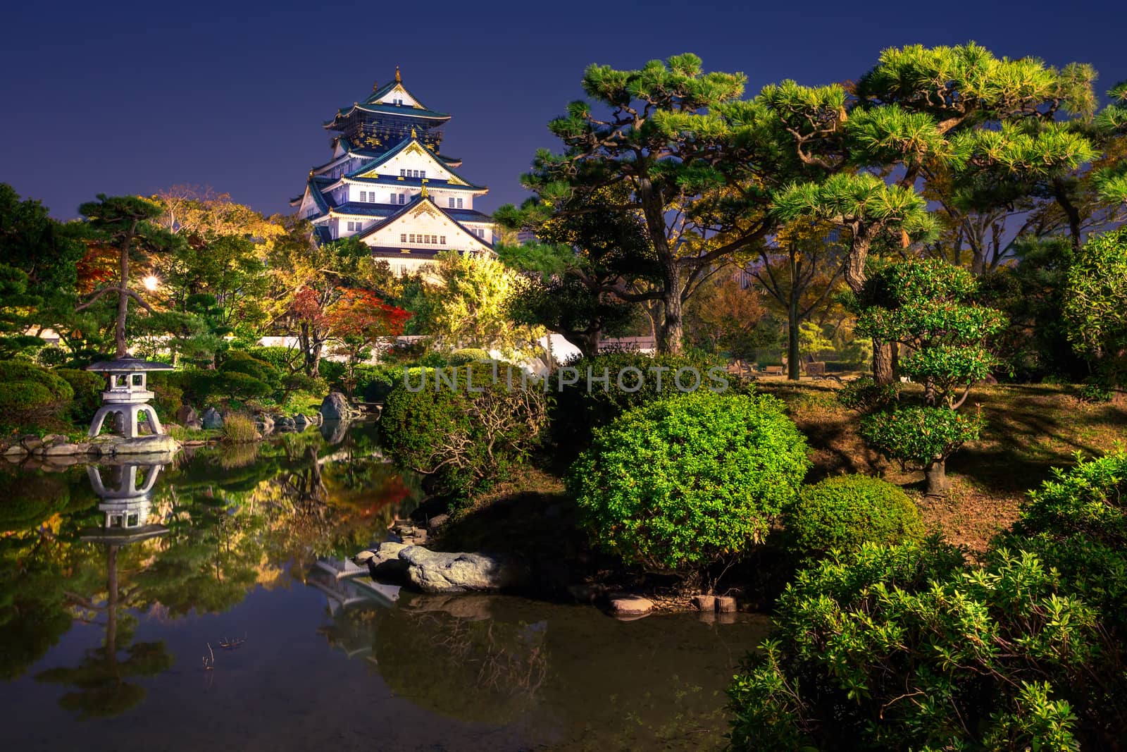 view on Osaka Castle from the garden at night, Japan by zhu_zhu