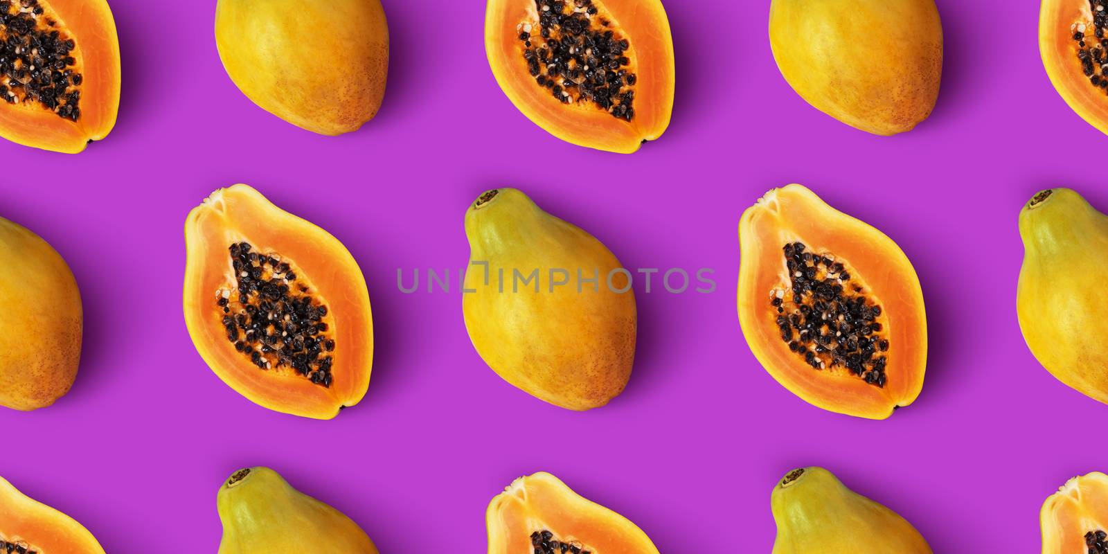 Papaya fruit seamless pattern on purple background, flat lay, top view