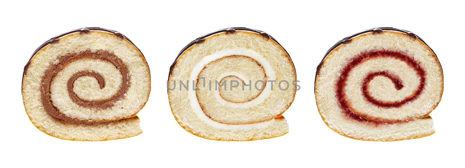 Sponge cake roll slices isolated on white background, with chocolate, vanilla and berry cream, different swiss rolls collection by xamtiw