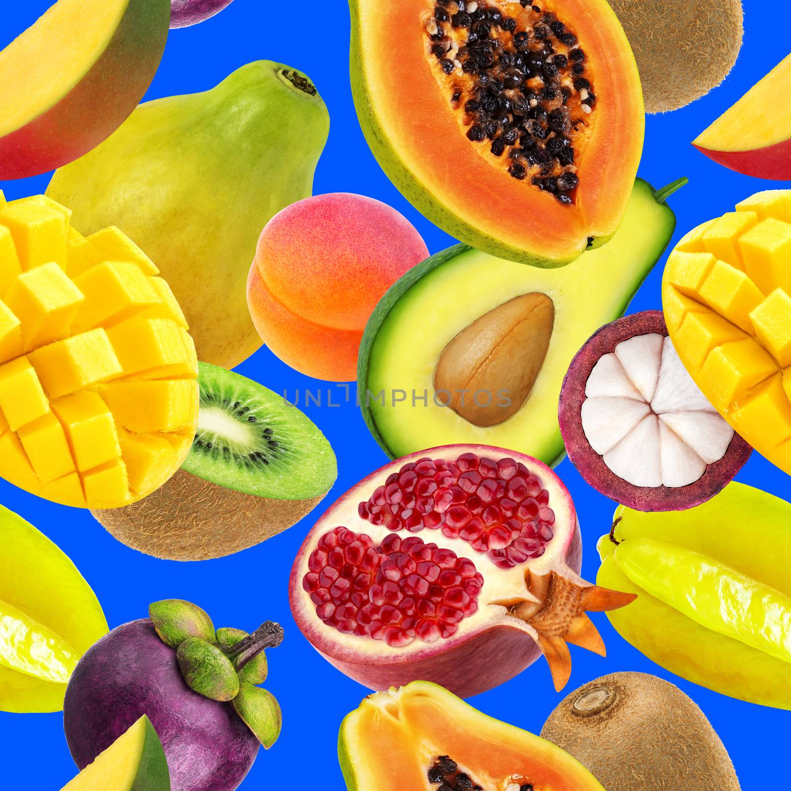 Fruits seamless pattern. Falling exotic fruits isolated on blue background by xamtiw