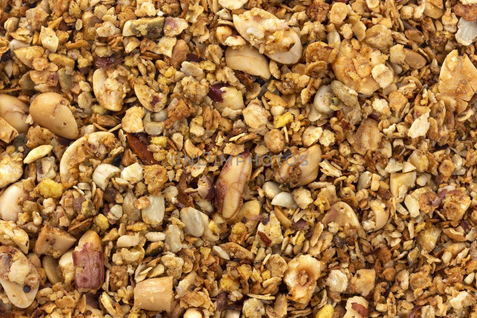 Granola texture, muesli with nuts background, top view