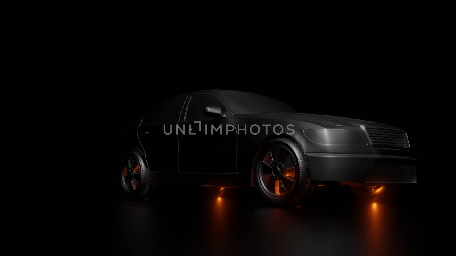 Dark background with silver car and red flares. 3d Illustration