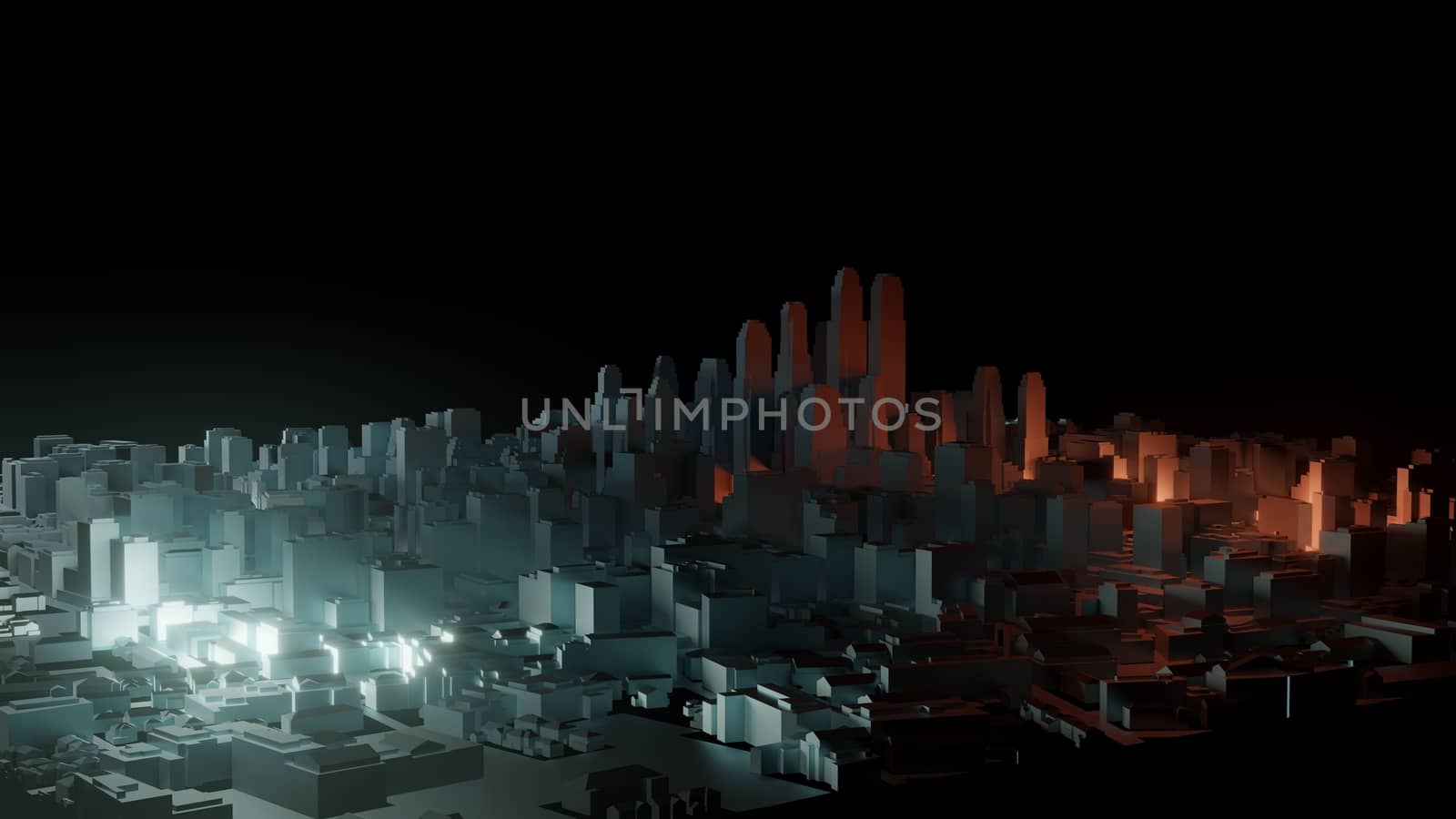 3d city with bright flashes on a dark background. Architectural concept, urban technology. 3d illustration. Colorful background