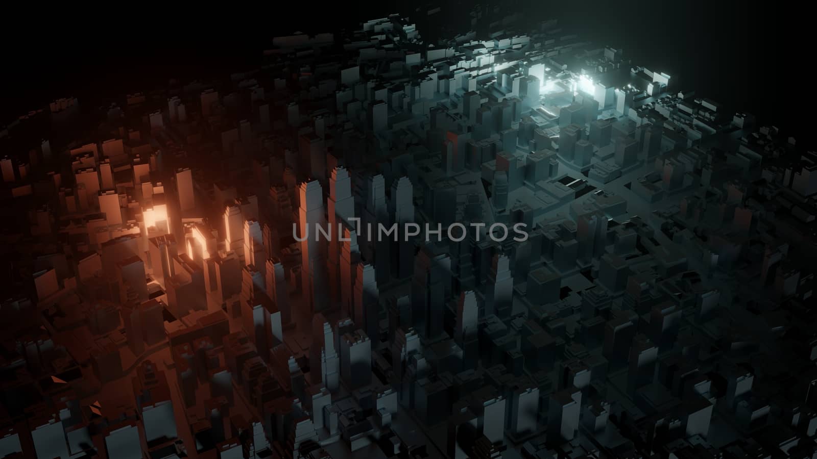 3d city with bright flashes on a dark background. Architectural concept, urban technology. 3d illustration. Colorful background