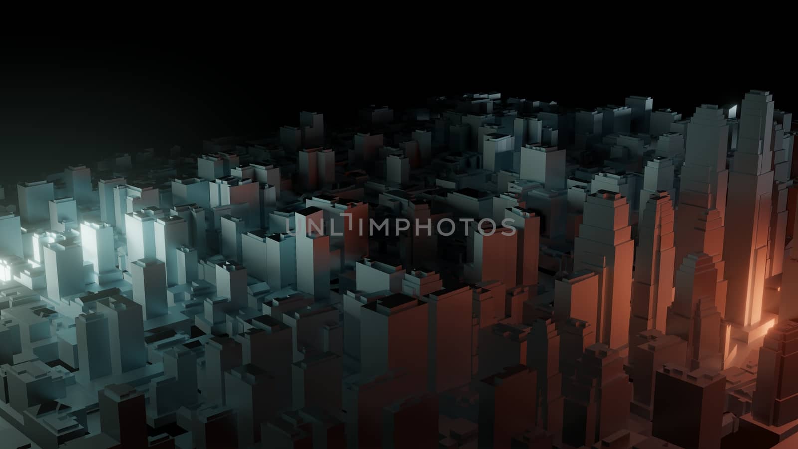 3d city with bright flashes on a dark background. Architectural concept, urban technology. 3d illustration. Colorful background