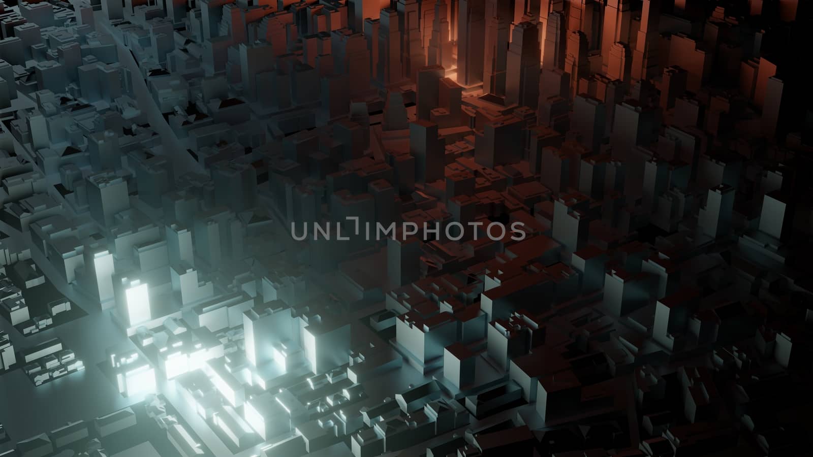 3d city with bright flashes on a dark background by cherezoff