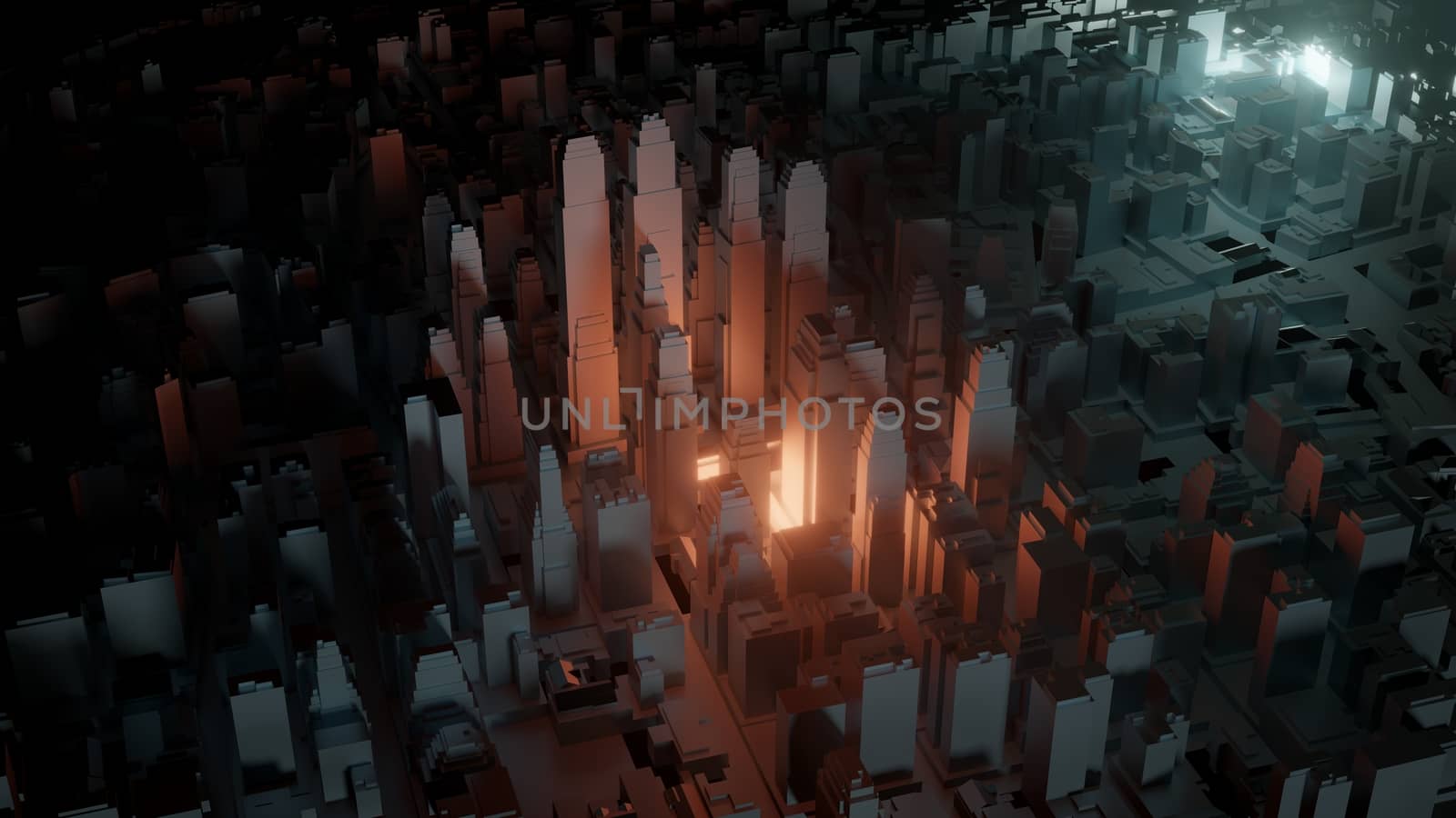 3d city with bright flashes on a dark background by cherezoff