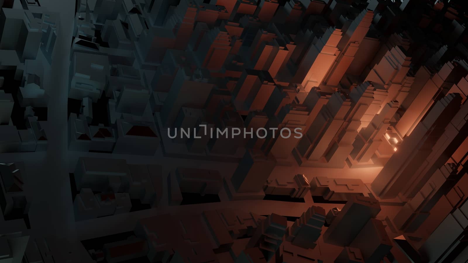 3d city with bright flashes on a dark background. Architectural concept, urban technology. 3d illustration. Colorful background