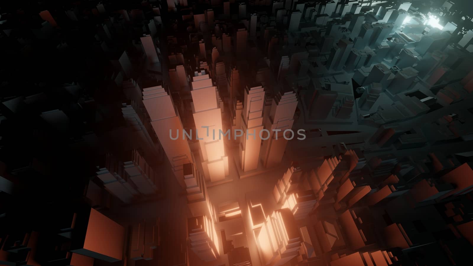 3d city with bright flashes on a dark background by cherezoff