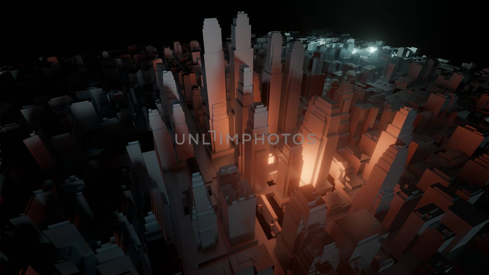 3d city with bright flashes on a dark background by cherezoff