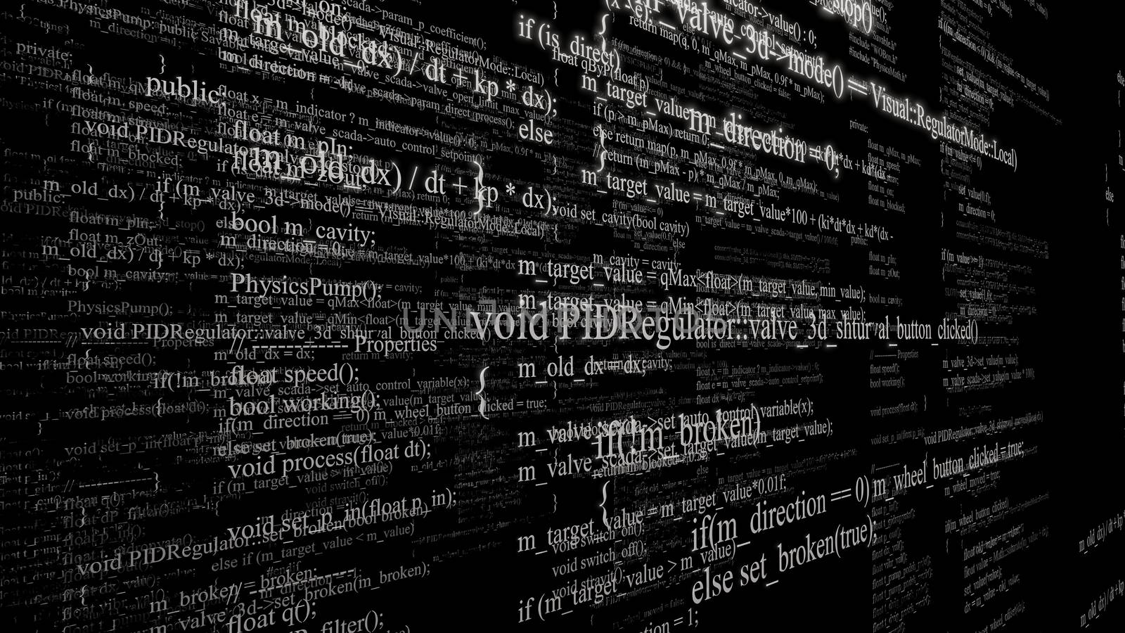 Software source code. Layers of program code on black background. 3d illustration. Technology background