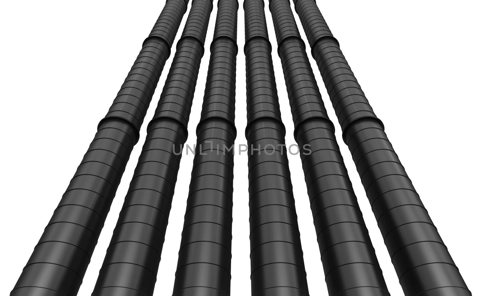 Row of black industrial pipelines isolated on white background. 3d illustration