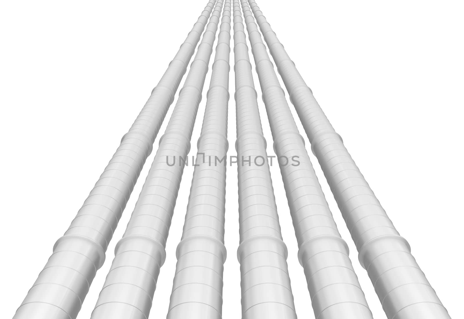 Row of white industrial pipelines isolated on white background. 3d illustration